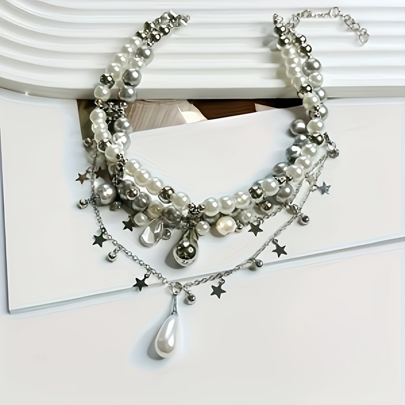 Ladies' Multi-Layered Star & Teardrop Pendant Necklace, Elegant Gift
